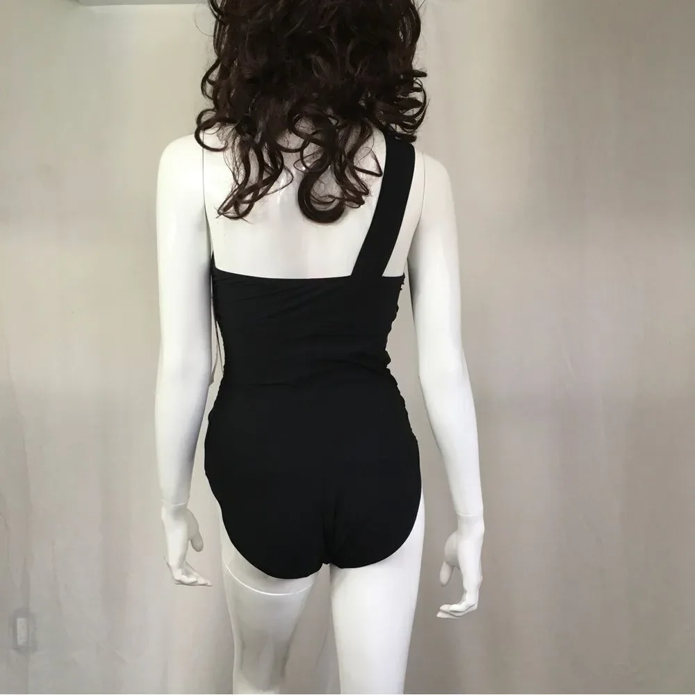 NEW SPANX Black Whittle Waistline Draped One Shoulder One Piece Swimsuit 10